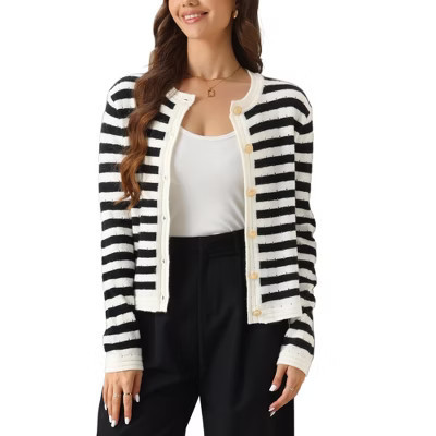 INSPIRE CHIC Women's Knit Striped Open Front Button Up Cardigan Sweaters White Black Small | Target