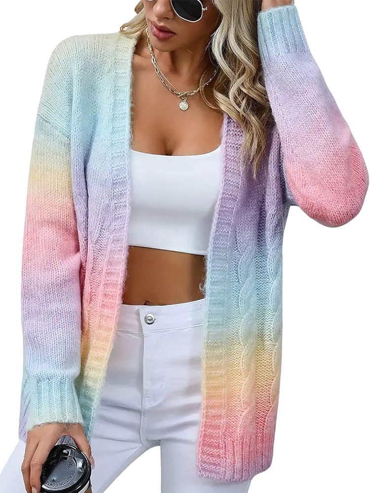 ebossy Women's Casual Rainbow Gradient Cardigans Cable Knit Long Sleeve Open Front Loose Sweaters... | Amazon (US)