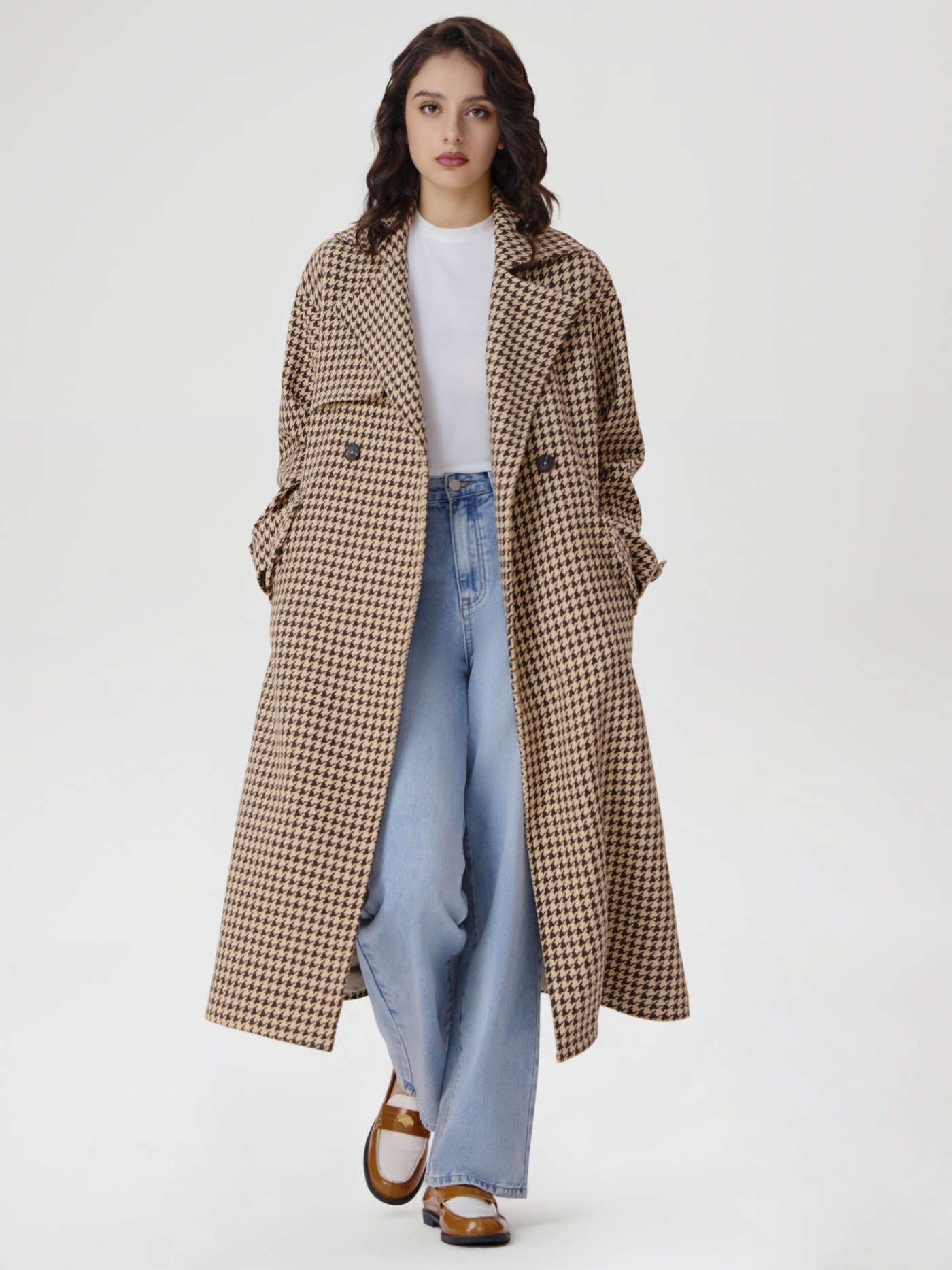 Tweed Collar Houndstooth Double Breasted Belted Coat | Cider