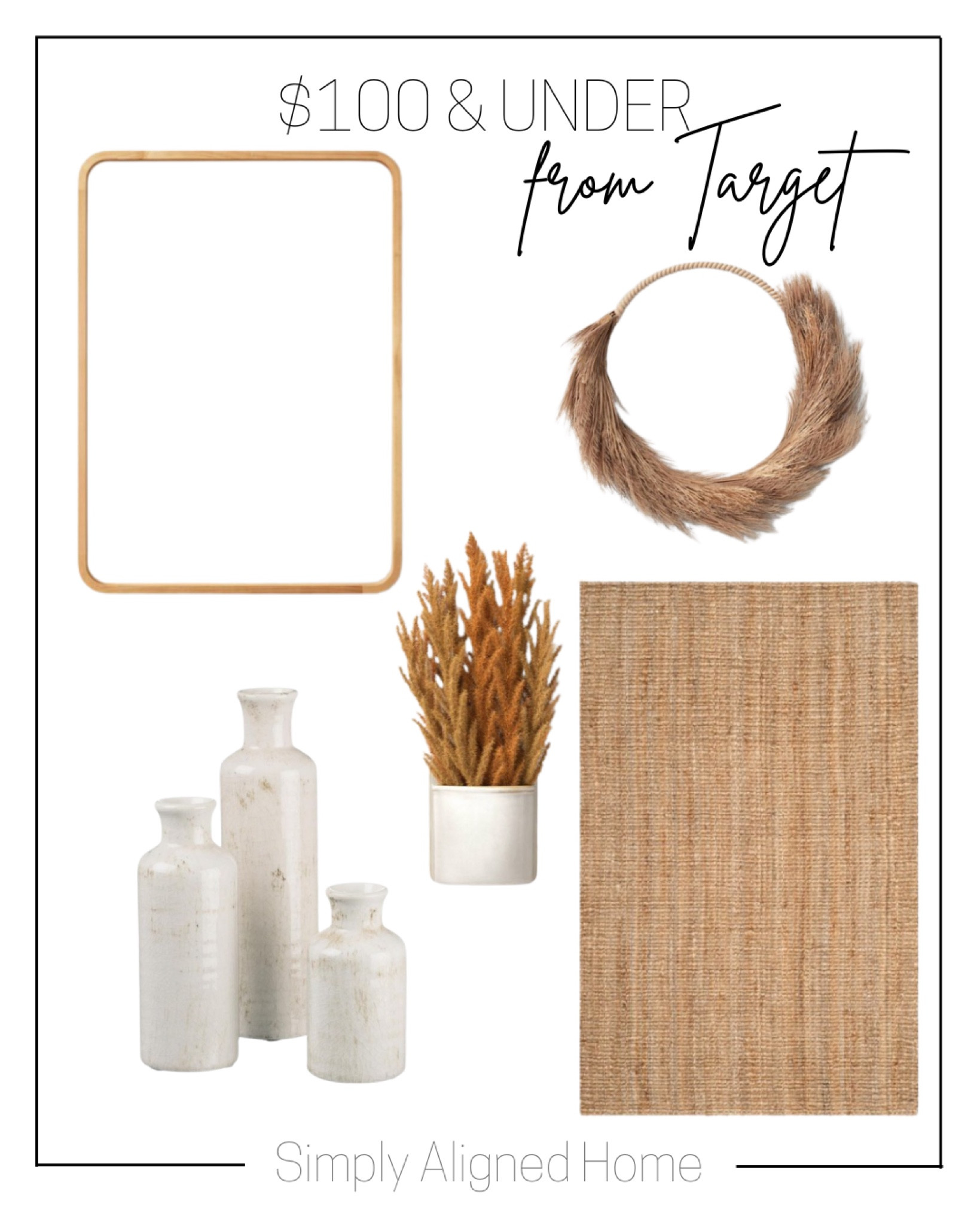 —ceramic wall planter—dried greenery decorative wreath—set of 3 small ceramic bottle vases—rounded rectangle wall mirror—Serena rug 

#LTKunder100 #LTKstyletip #LTKsalealert