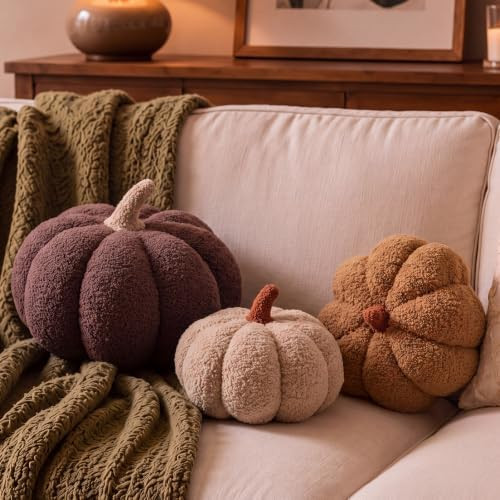 Juexica 3 Pcs Stuffed Pumpkin Pillows Fall Decor Cushions,Brown Neutral | Amazon (US)