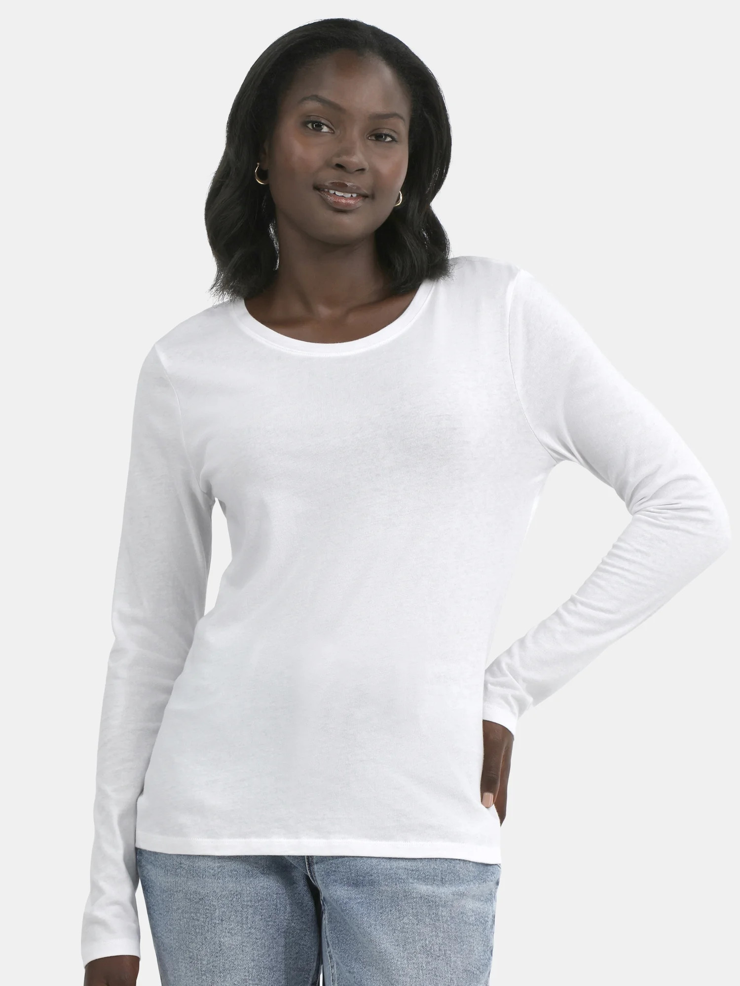 Time and Tru Women's Cotton Crewneck Tee with Long Sleeves, Sizes XS-XXXL | Walmart (US)
