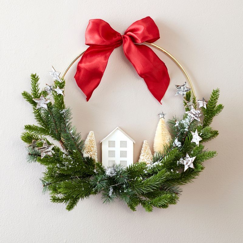 Lakeside Christmas Lighted Faux Ring Wreath with Village Scene - Hanging Accent | Target
