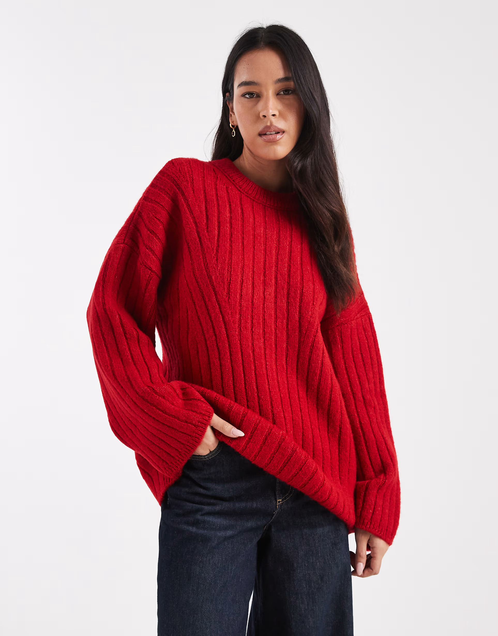 ASOS DESIGN - Lange ribgebreide trui met ronde hals in rood | ASOS (Global)