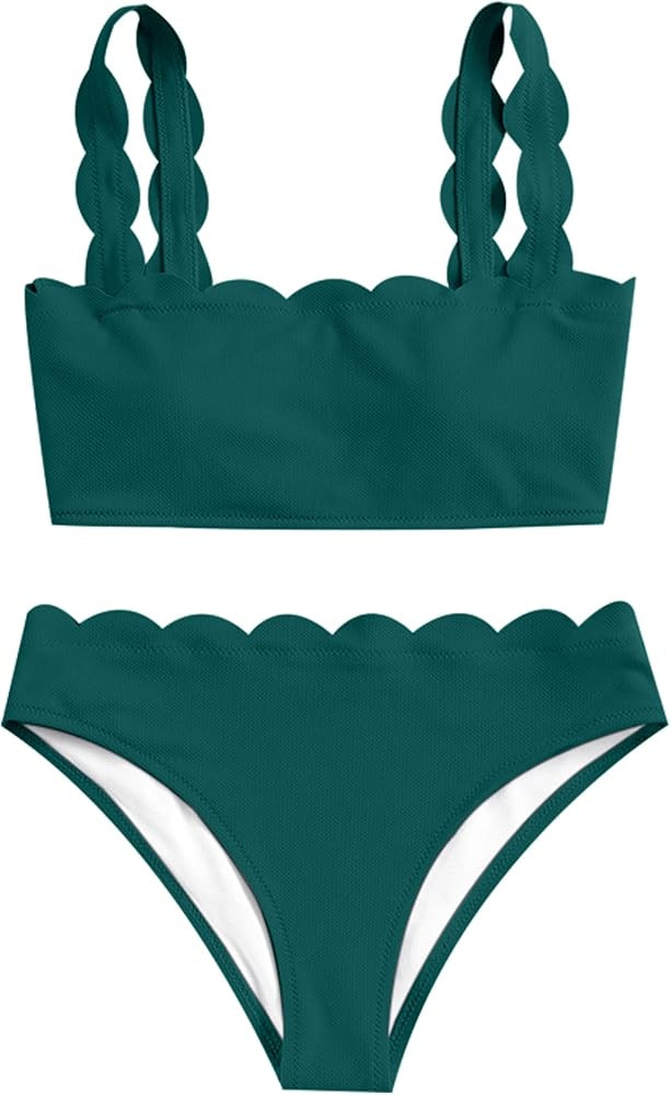 ZAFUL High Waisted Swimsuits for Women Scalloped Bikini Sets Back Lace-Up Tankini Sets Tummy Cont... | Amazon (US)