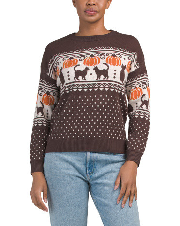 Crew Neck Jacquard Cat And Pumpkin Sweater, Nylon/Polyester/Rayon | TJ Maxx