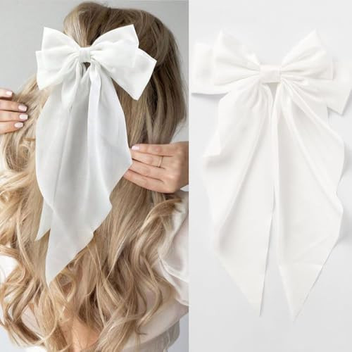 Silky Satin Oversized Long-tail Bow Clip, Large Pure white Hair Bow for Women Girl, Hair Accessories with Long Tail, 1Pcs（Pure white） | Amazon (US)