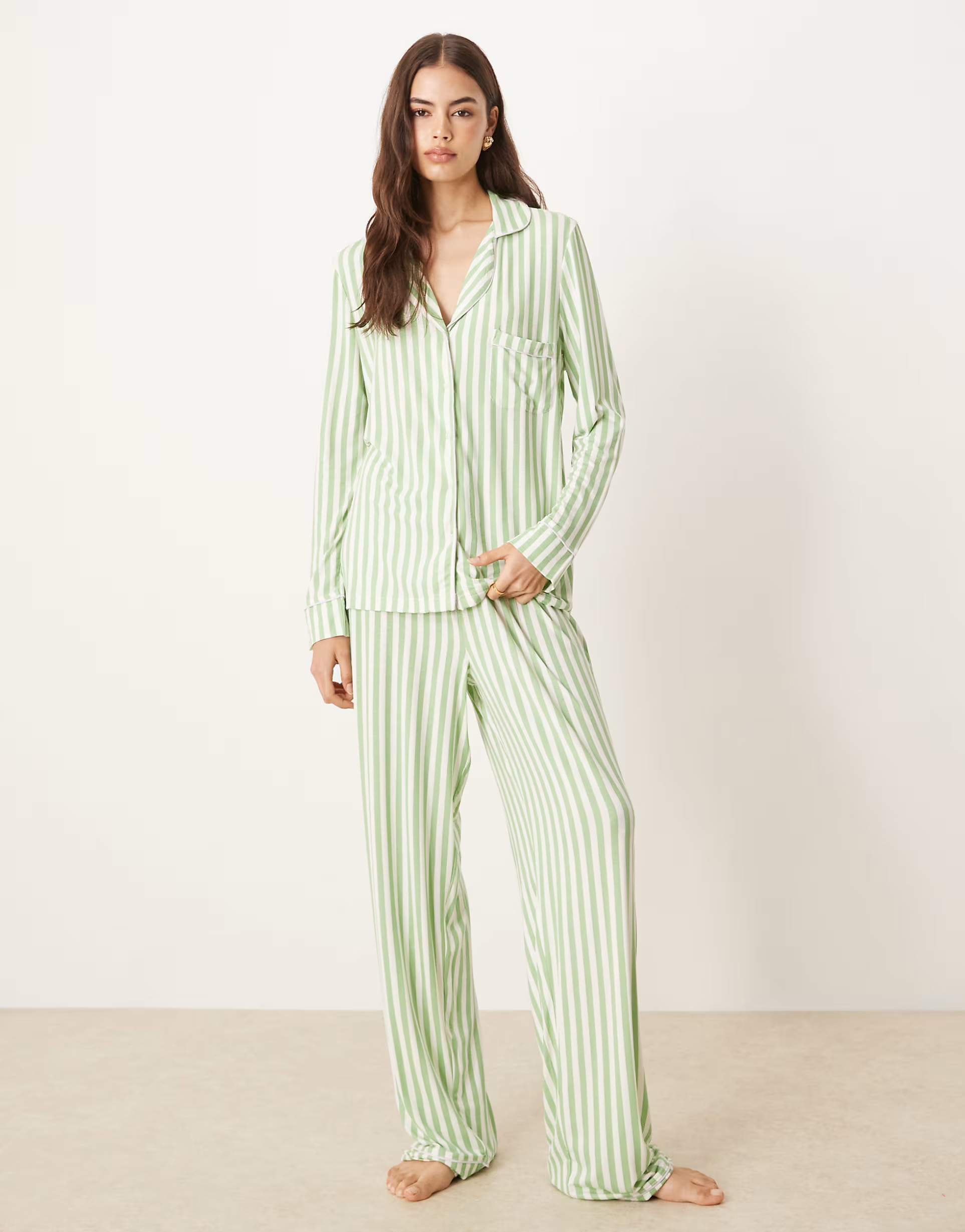 ASOS DESIGN Tall long sleeve super soft pyjama set in green stripe & lilac contrast piping | ASOS | ASOS (Global)