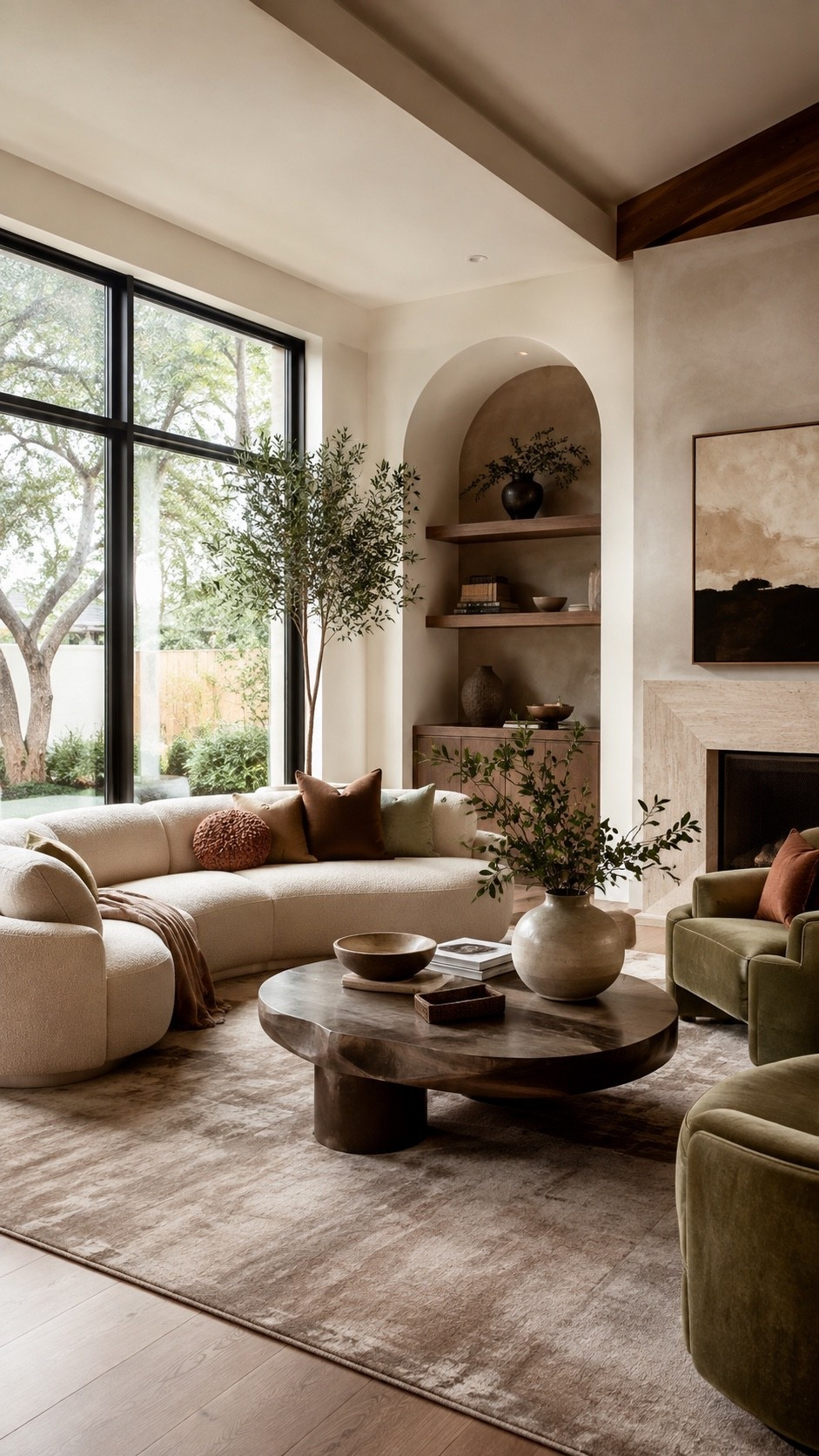 Shop This Room — link below. Recreate this warm organic-modern living room with a curved cream sofa, sculptural olive accent chairs, a rich dark wood coffee table and layered earthy textures. Arched built-in shelving, natural greenery, soft neutral finishes and a cozy fireplace create an elevated designer space with a relaxed quiet-luxury feel.

#LivingRoomInspo #OrganicModern #ModernLivingRoom #LuxuryLivingRoom #LivingRoomDecor #WarmModern #NeutralHome #EarthyInteriors #InteriorDesign #HomeDecor #LuxuryInteriors #QuietLuxury #ModernHome #LivingRoomIdeas #LuxuryHome #WarmMinimalism #NeutralDecor #DesignerHome #InteriorInspo #HomeInspiration #LTKHome #LTKFinds #HomeFinds #ModernDecor