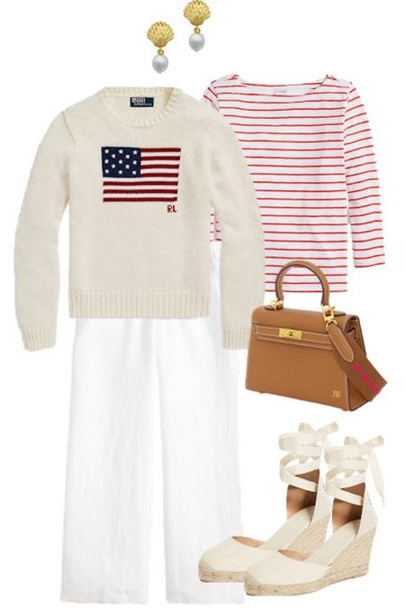 Summer outfit - Memorial Day outfit - Fourth of July outfit - 4th of July outfit - white linen pants - American flag sweater - espadrille wedges - stripe shirt

#LTKfindsunder100 #LTKstyletip #LTKSeasonal