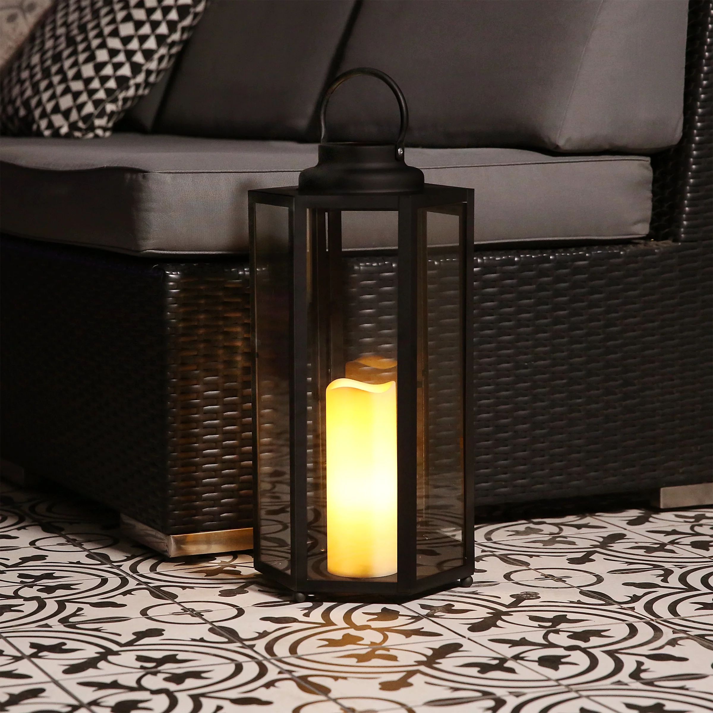 Alpine Corporation Black Hexagonal Candlelit Lantern with LED Light, 21-Inch | Walmart (US)