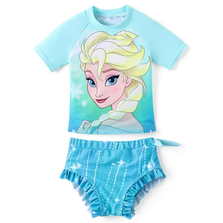 Disney Princess Girls Swimsuit Frozen Elsa Rash Guards and Bikini, 2-pcs, Sizes 2-6, Blue | Walmart (US)