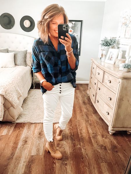 Loving this oversized buffalo check flannel shirt from Target with the cute Chelsie white jeans and combat boots. Jeans have lots of stretch wearing my regular size. 

Fall outfit, fall fashion, fall trends, flannel, boyfriend  shirt, weekend outfit, casual outfit, everyday outfit, target outfits, target style, target boots, fashion over 40

#LTKshoecrush #LTKsalealert #LTKunder50