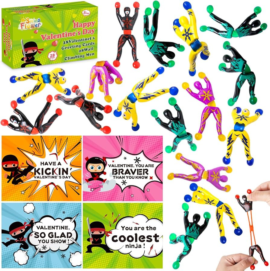 28 Packs Valentines Day Cards for Kids with Sticky Wall Climbing Men Ninja Set for Classroom,Vale... | Amazon (US)