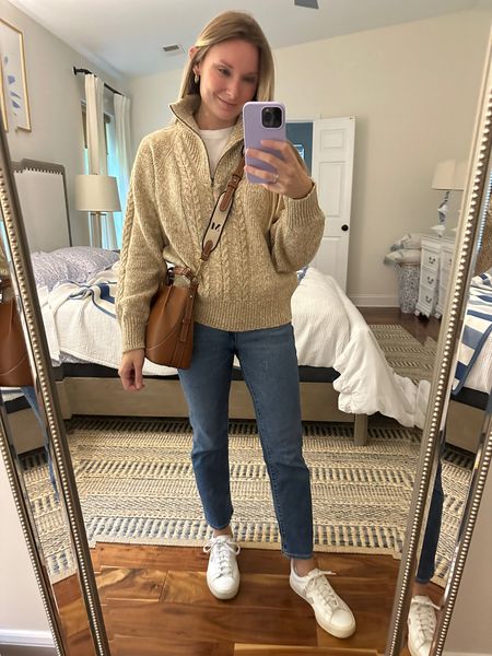 Cozy cable knit sweater with adjustable quarter zip - Levi’s jeans - veja sneakers - fall outfit - casual outfit - fall sweater 

#LTKfindsunder100 #LTKSeasonal #LTKstyletip