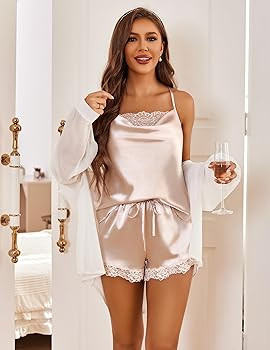 Ekouaer Women's Silk Cami Pajama Set Cowl Neck Tank Top Shorts Satin Pjs Lace Trim Camisole Sleep... | Amazon (US)