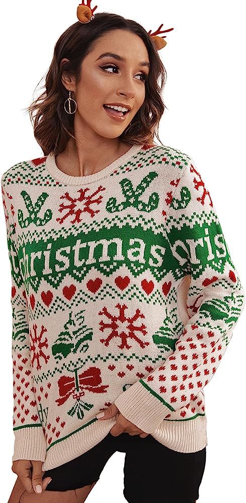 Amegoya Women's Funny Ugly Christmas Knitted Sweaters Crewneck Cute Reindeer Sweater Pullover for... | Amazon (US)