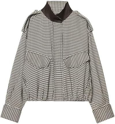 Xunger Women’s Plaid Bomber Jacket High Neck Color Block Coat Casual Long Sleeve Streetwear Out... | Amazon (US)