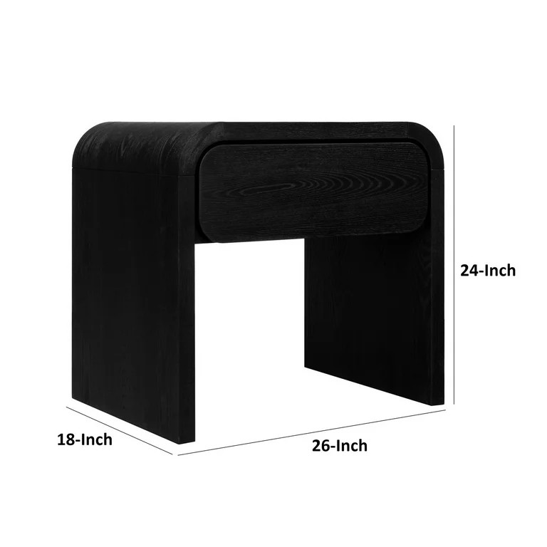 BenJara Cave 26 Inch Nightstand, Curved Side Panel, 1 Drawer, Black Wood Finish - Walmart.com | Walmart (US)