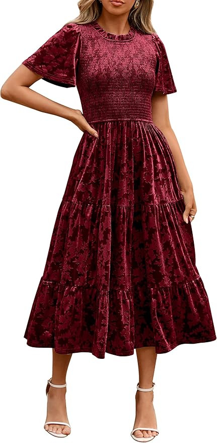 Simplee Velvet Dress for Women Semi Formal Short Sleeve Floral Smocked Empire Waist Fall Winter W... | Amazon (US)