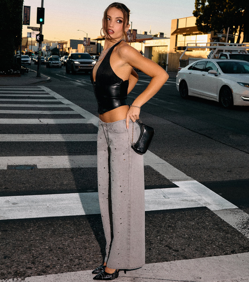 Off Duty Edge Studded Grommet Low-Rise Denim Jeans | Windsor Stores