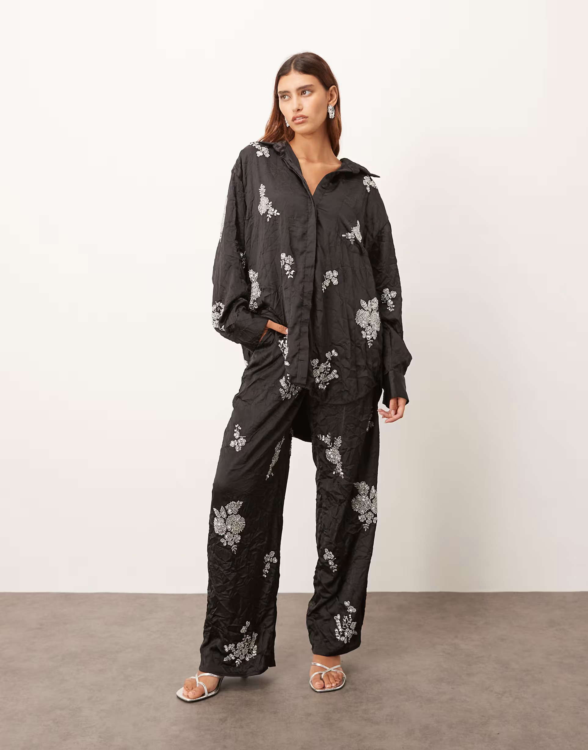 ARRANGE crinkle satin floral embellished shirt in black - part of a set | ASOS | ASOS (Global)