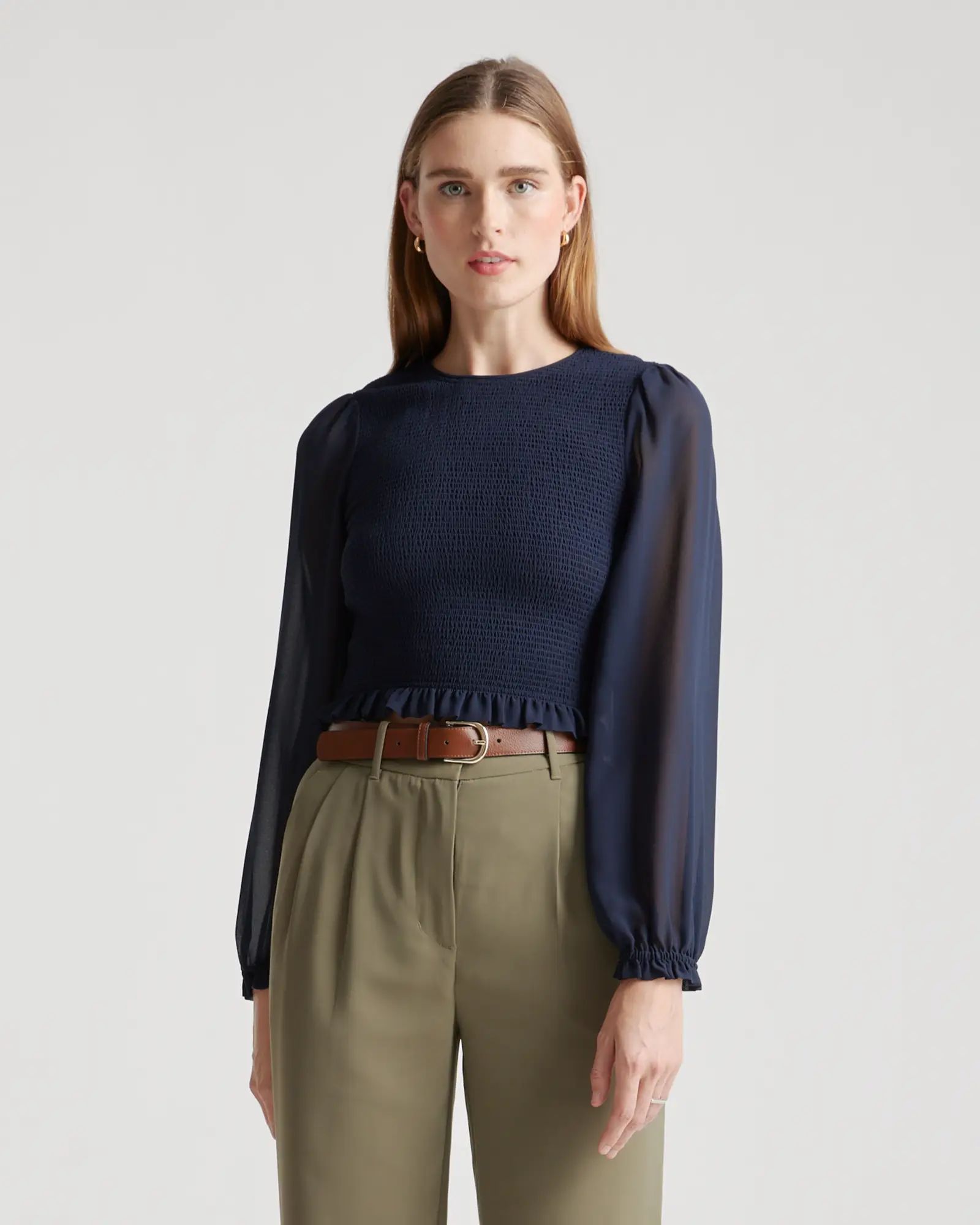 Chiffon Cropped Smocked Blouse | Quince