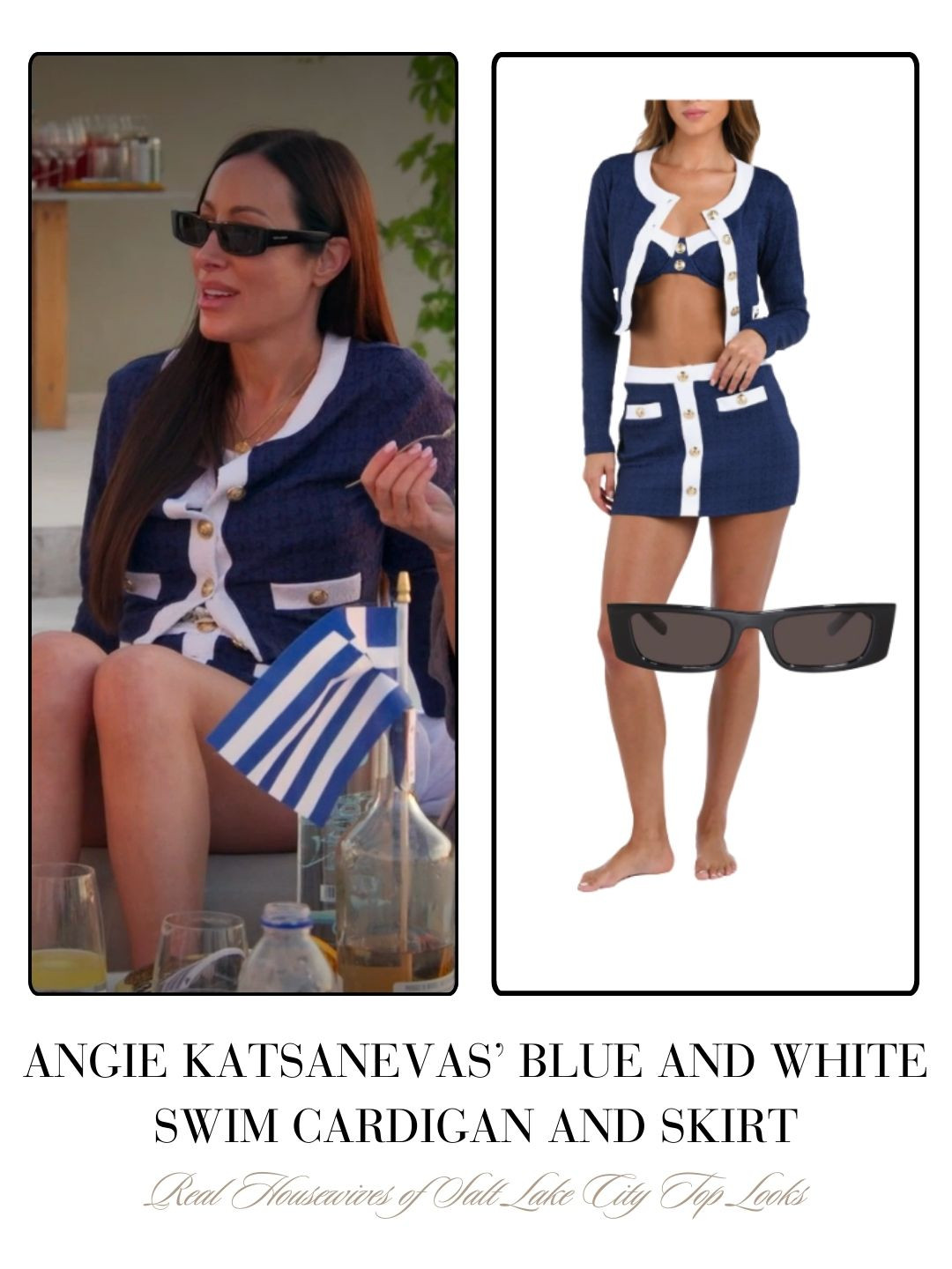 Angie Katsanevas' Blue Cover Up Cardigan and Skirt with White Trim and Gold Buttons in Greece 

 