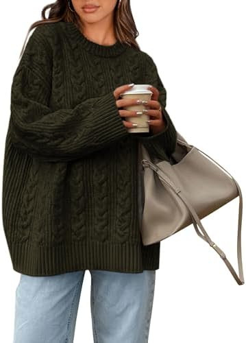 Okiwam Women's Oversized Sweaters Crewneck Cable Knit Pullover Casual Loose Fall Outfits Fashion ... | Amazon (US)
