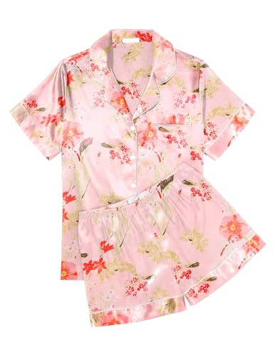 Ekouaer Womens Silk Satin Pajama Sets Soft Short Sleeve Button Down Sleepwear Top and Shorts 2 Piece Pjs Lounge Set,Floral Pink,S | Amazon (US)