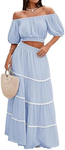 HUUSA 2026 Summer 2 Piece Boho Outfits for Women Short Sleeve Off Shoulder Crop Top and High Wais... | Amazon (US)