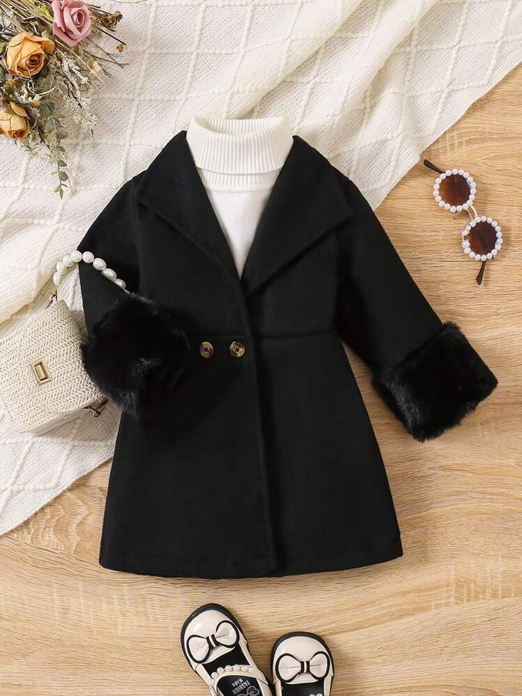 SHEIN Black Winter Baby Girls Woolen Coat Featuring Fluffy Trims Contrast Sleeves Fashion Sweet E... | SHEIN