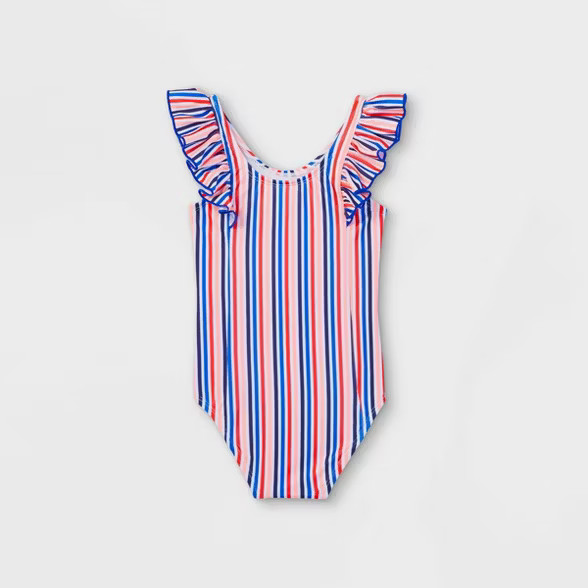 Toddler Girls' Striped Ruffle Sleeve One Piece Swimsuit - Cat & Jack™ Blue/Coral/White | Target