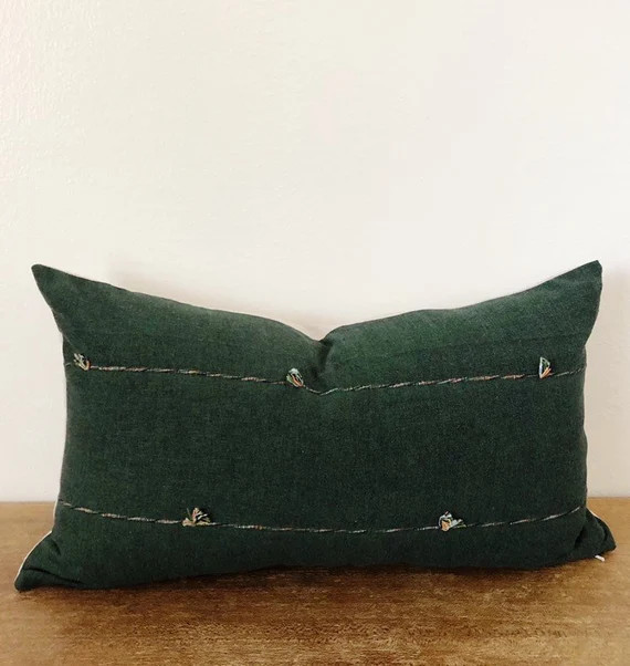 Chiangmai Tribal Hunter Green Pillow Cover with Little Pom Pom Tassel Detail // 12 x 20  No. 023 | Etsy (US)