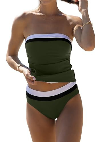 Beachsissi Bandeau Swimsuits for Women Strapless Swimwear Bathing Suits Tummy Control Color Block Tankini Sets, Dark Green, L | Amazon (US)