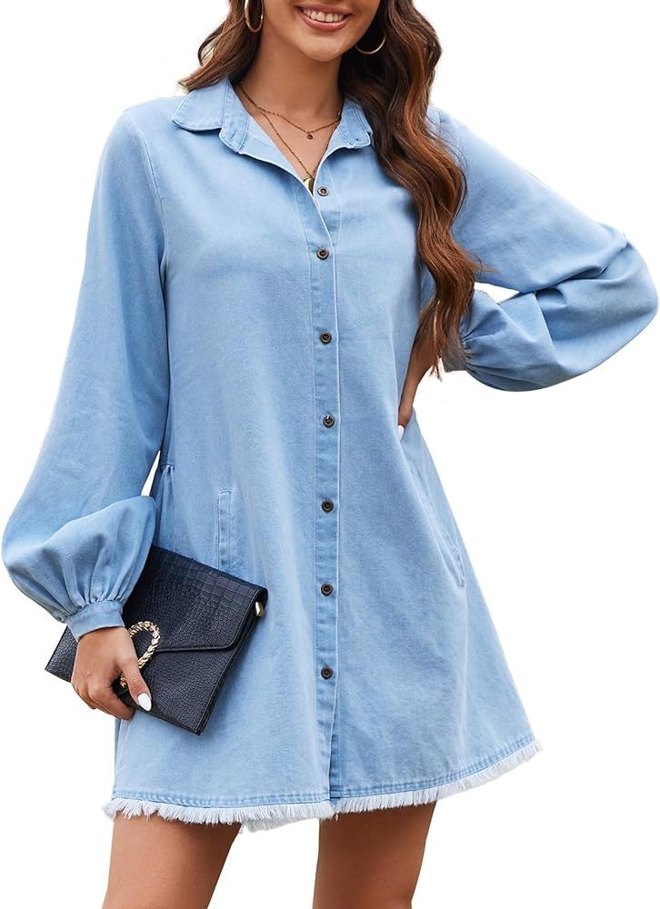 Zilcremo Women's Button Down Babydoll Denim Dress Long Sleeve Jean Shirt Dress with Pockets | Amazon (US)