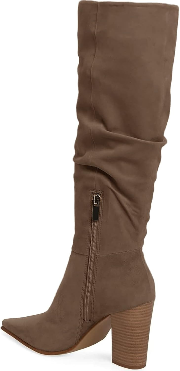 PiePieBuy Womens Faux Suede Knee High Boots Pointed Toe High Chunky Heel Side Zipper Booties | Amazon (US)