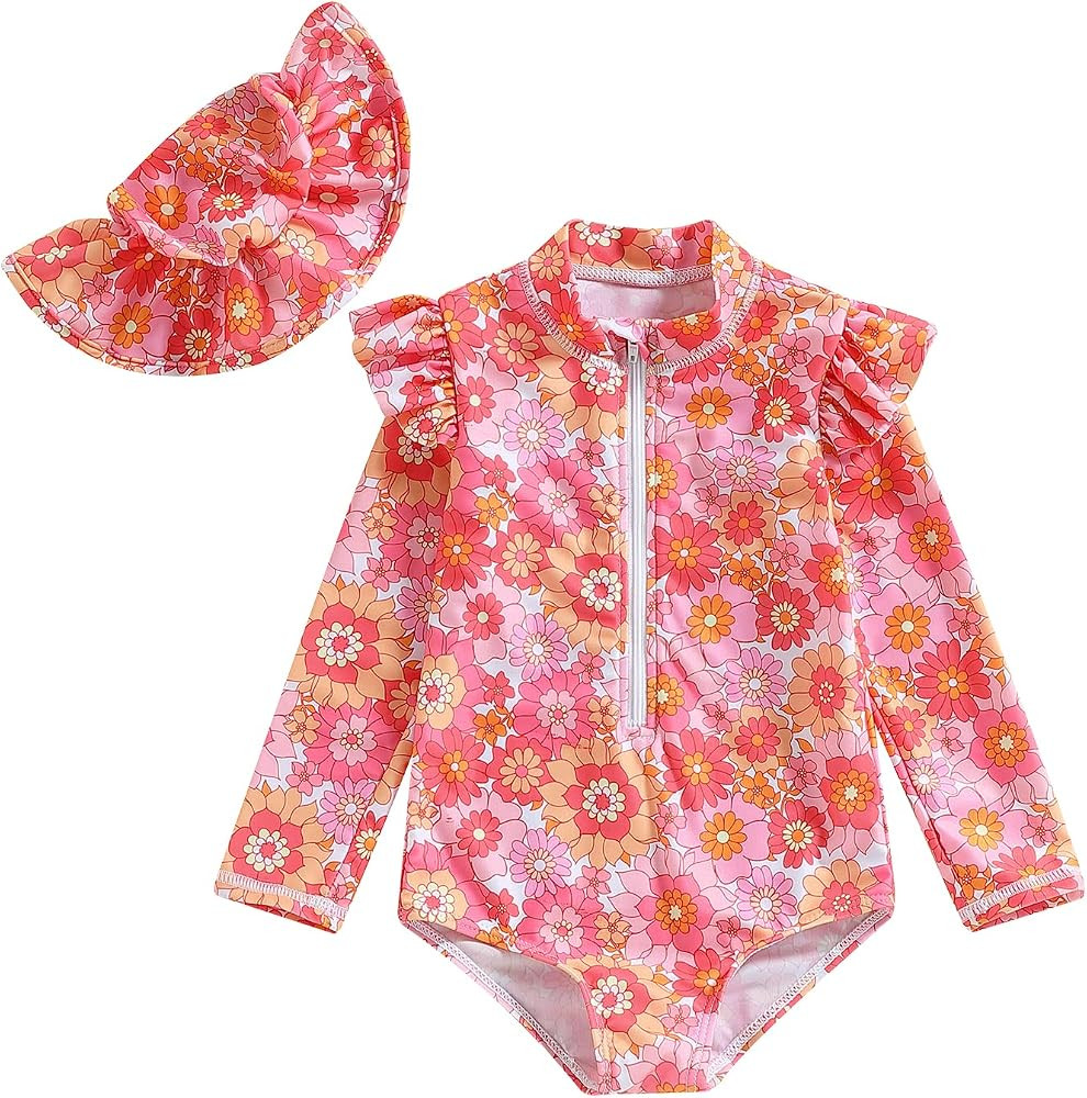 Karuedoo Baby Girls One Piece Swimsuit Zip Rash Guard Swimwear Ruffled Long Sleeve Bathing Suit | Amazon (US)