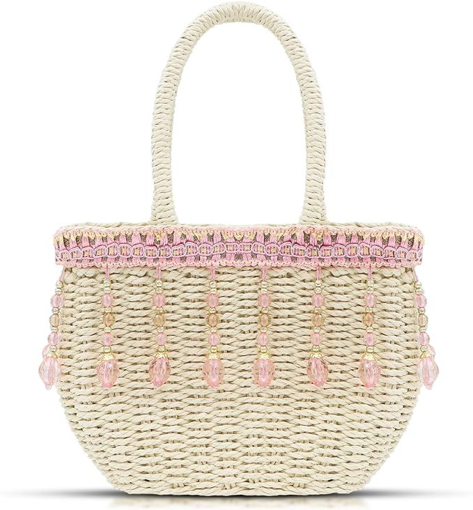 QTKJ Straw Bag, Tote Bag for Women,Pink Tassel Pendant Beach Bag, Bohemian Hand-Woven Handbag, Su... | Amazon (US)