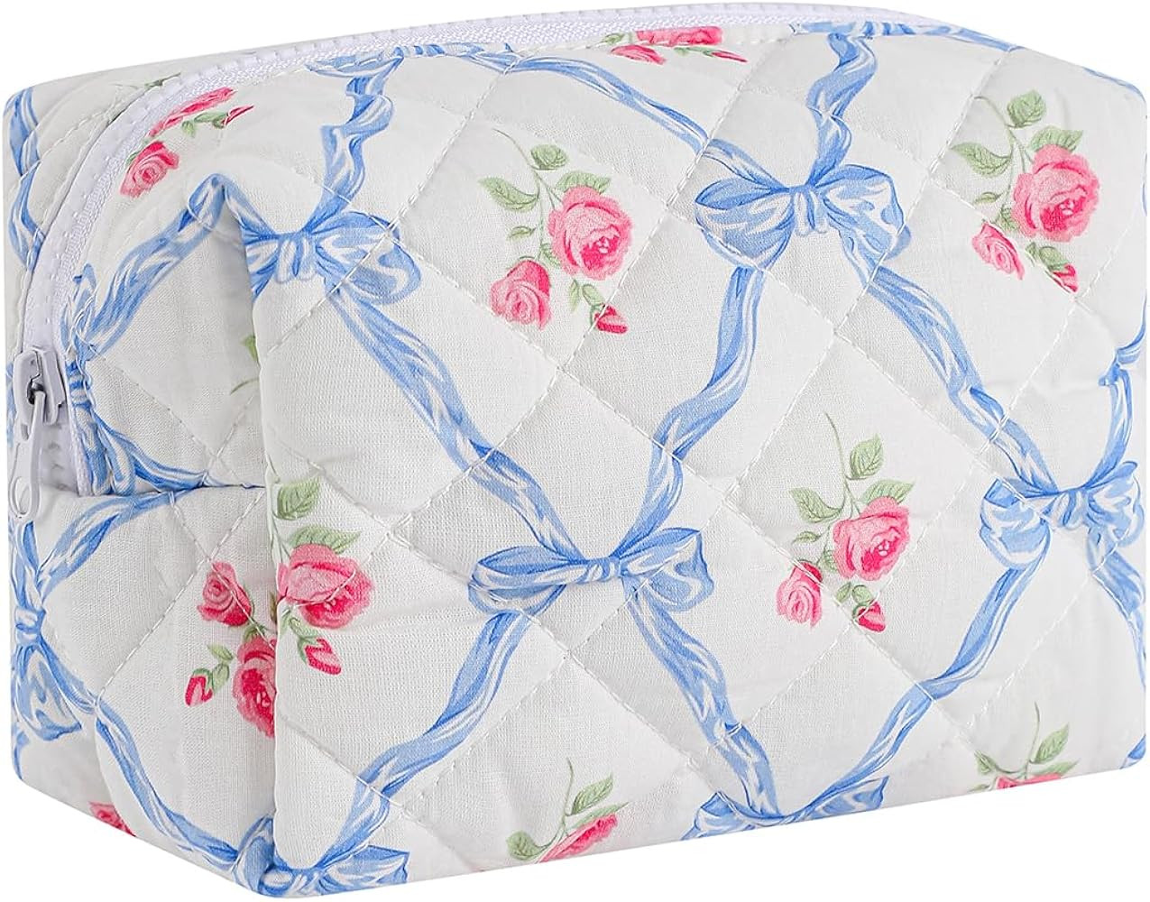 Small Quilted Cotton Makeup bag, Cute Floral Cosmetic bag, Cotton Aesthetic Makeup Pouch, Large C... | Amazon (US)