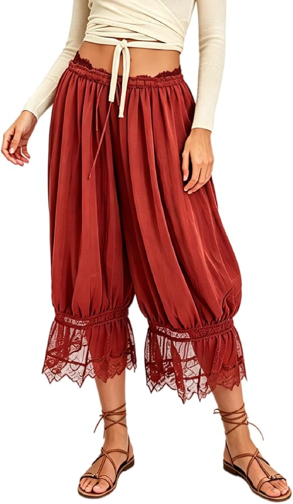 UAURORAO Women Lace Trim Long Bloomers Elastic Mid Rise Ruffle Pantaloons Cropped Flared Slips Pa... | Amazon (US)