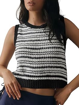 Yousify Womens Crochet Chunky Knit Tops Striped Sweater Vest Sleeveless Sweater Cardigan Bow Tie ... | Amazon (US)