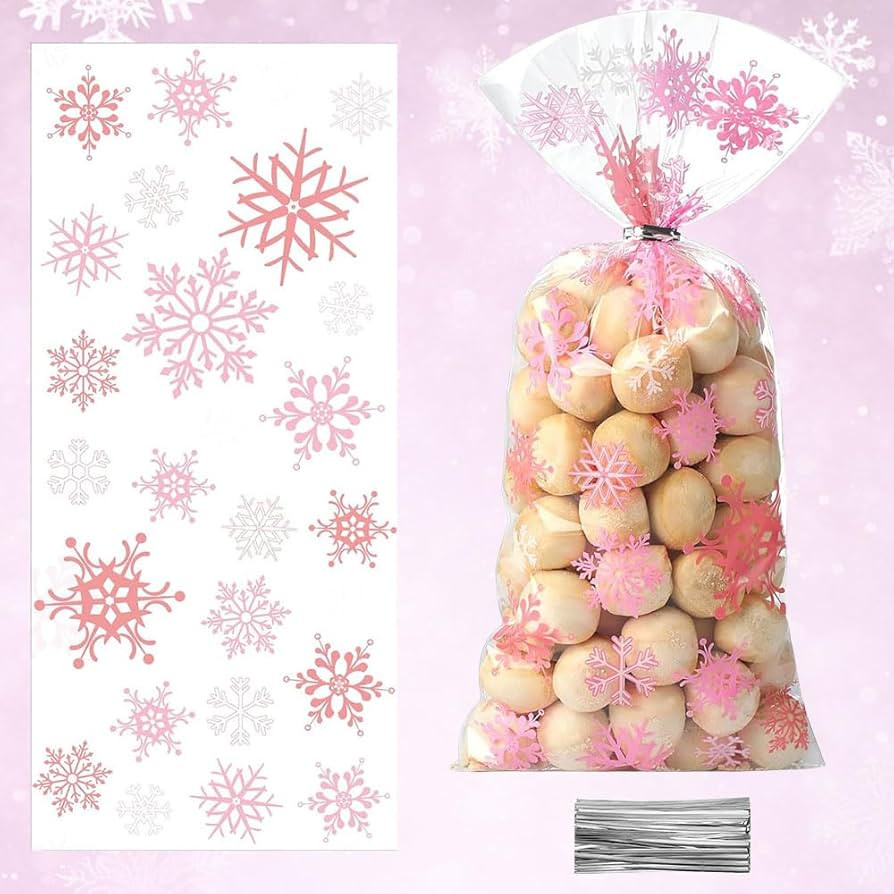 JXITON 120pcs Christmas Snowflake Cellophane Bags,Pink Snowflake Cello Candy Treat Bags Winter Go... | Amazon (US)