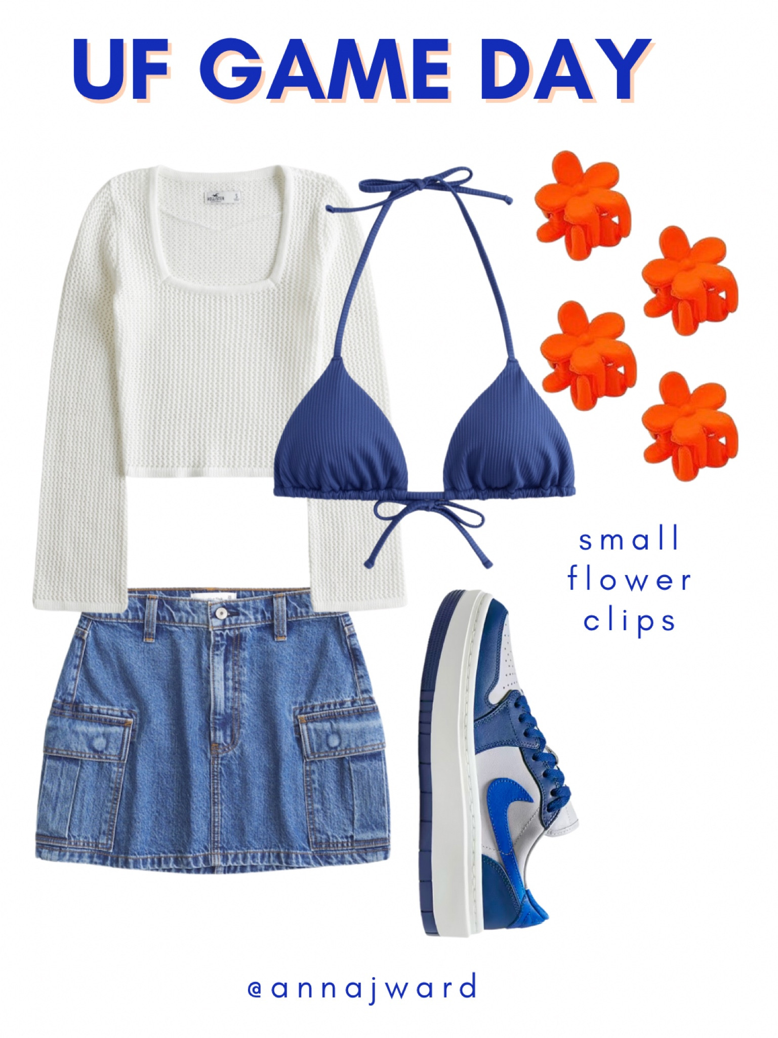 Follow @annajward for more 🐊💙🧡UF game day outfit inspo. College game day outfit inspo. University of Florida game day. Overall outfit. Florida gators game day