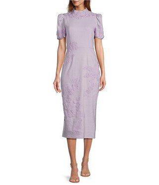 Willow Floral Applique Mock Neck Short Sleeve Midi Dress | Dillard's