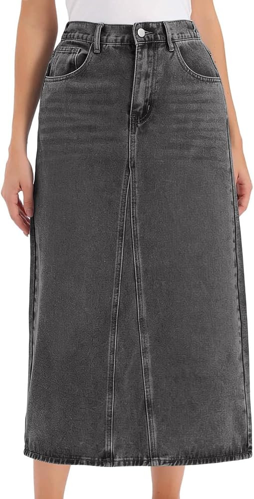 ebossy Women's Vintage Denim Skirt High Waist A Line Back Slit Mid Long Wash Jean Skirt with Pock... | Amazon (US)
