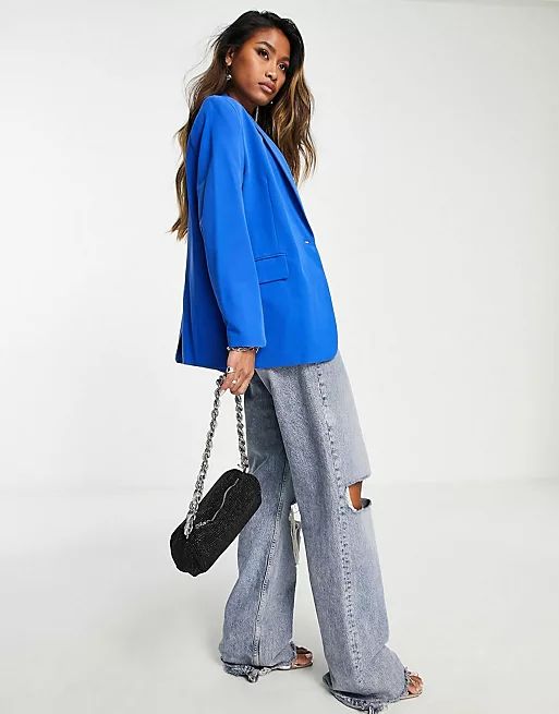 Bershka core oversized blazer and wide leg pants set in bright blue | ASOS | ASOS (Global)