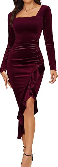 NASHALYLY Elegant Velvet Dress for Women,Sexy Long Sleeve Bodycon Mermaid Dress Ruched Cocktail Party Wedding Square Neck | Amazon (US)