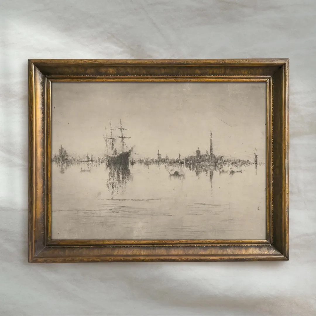 Vintage Harbor Sketch Painting | Antique Coastal Ship Wall Art | Seascape Drawing Artwork | Maile... | Etsy (US)