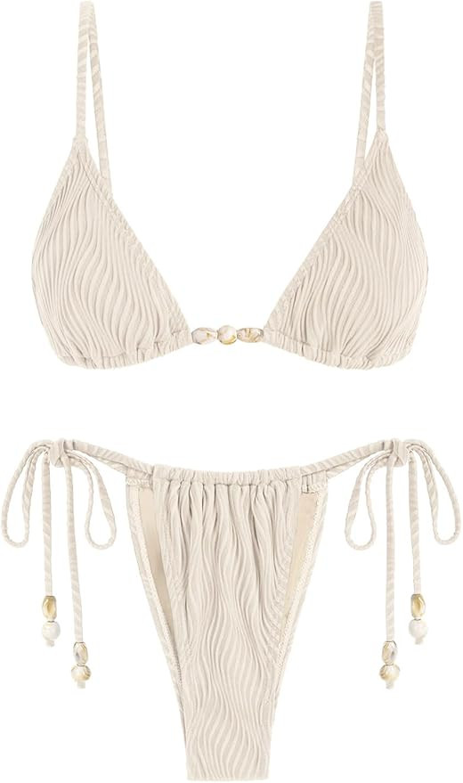 seamoly Women's Bikini Sets Ribbed Beaded Adjustable Spaghetti Strap Swimsuit Tie Side Thong Sexy... | Amazon (US)